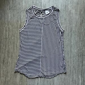 CAbi Gray/Beige Stripes Crewneck Keyhole Back Long Sleeveless Top Size Small